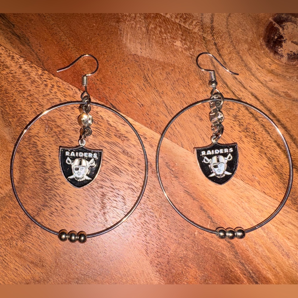 2” hoop Las Vegas Raiders Football Silver Tone Hoop Dangle Earrings - Picture 2 of 2